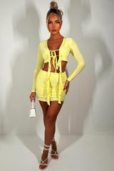 womens long sleeve tie front crop top and mini skirt co ord set festival going out holiday outfit 