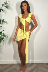 ruffle ruched shoulder bikini top and mini drape skirt two piece set summer holiday festival outfit