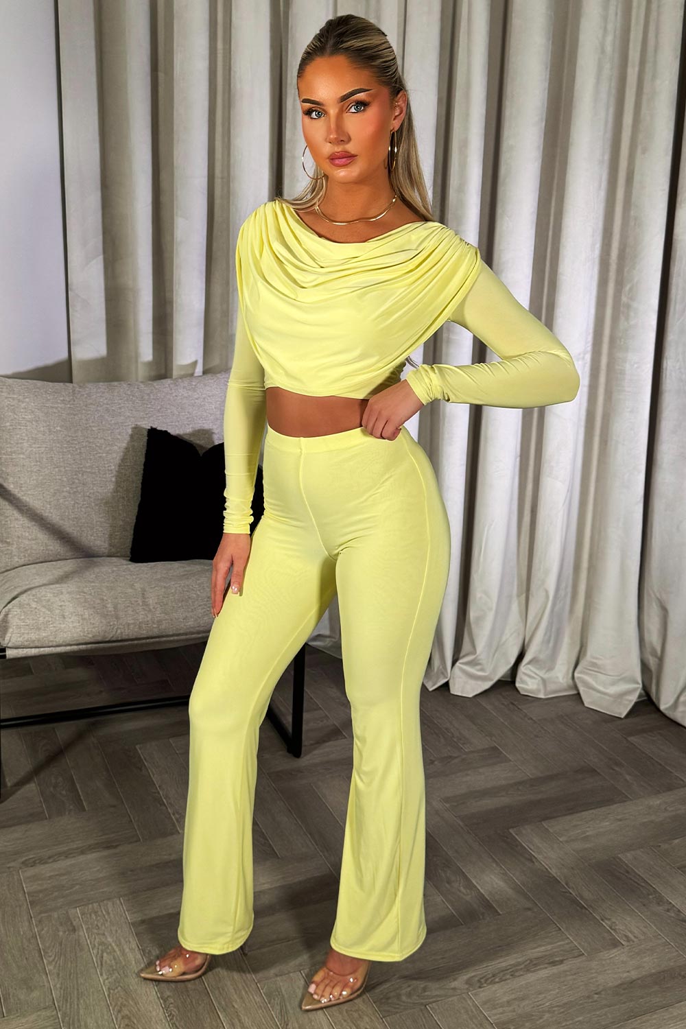 going out party summer occasion outfit drape top and trousers set