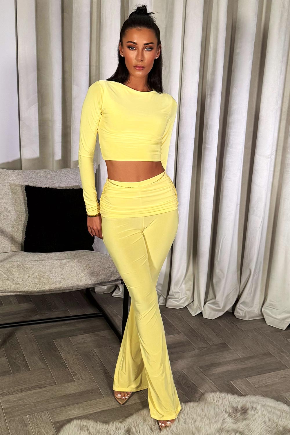 long sleeve crop top and fold over waist flared trousers co ord set yellow