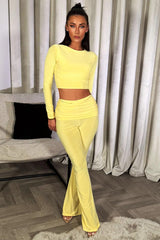 long sleeve crop top and fold over waist flared trousers co ord set yellow