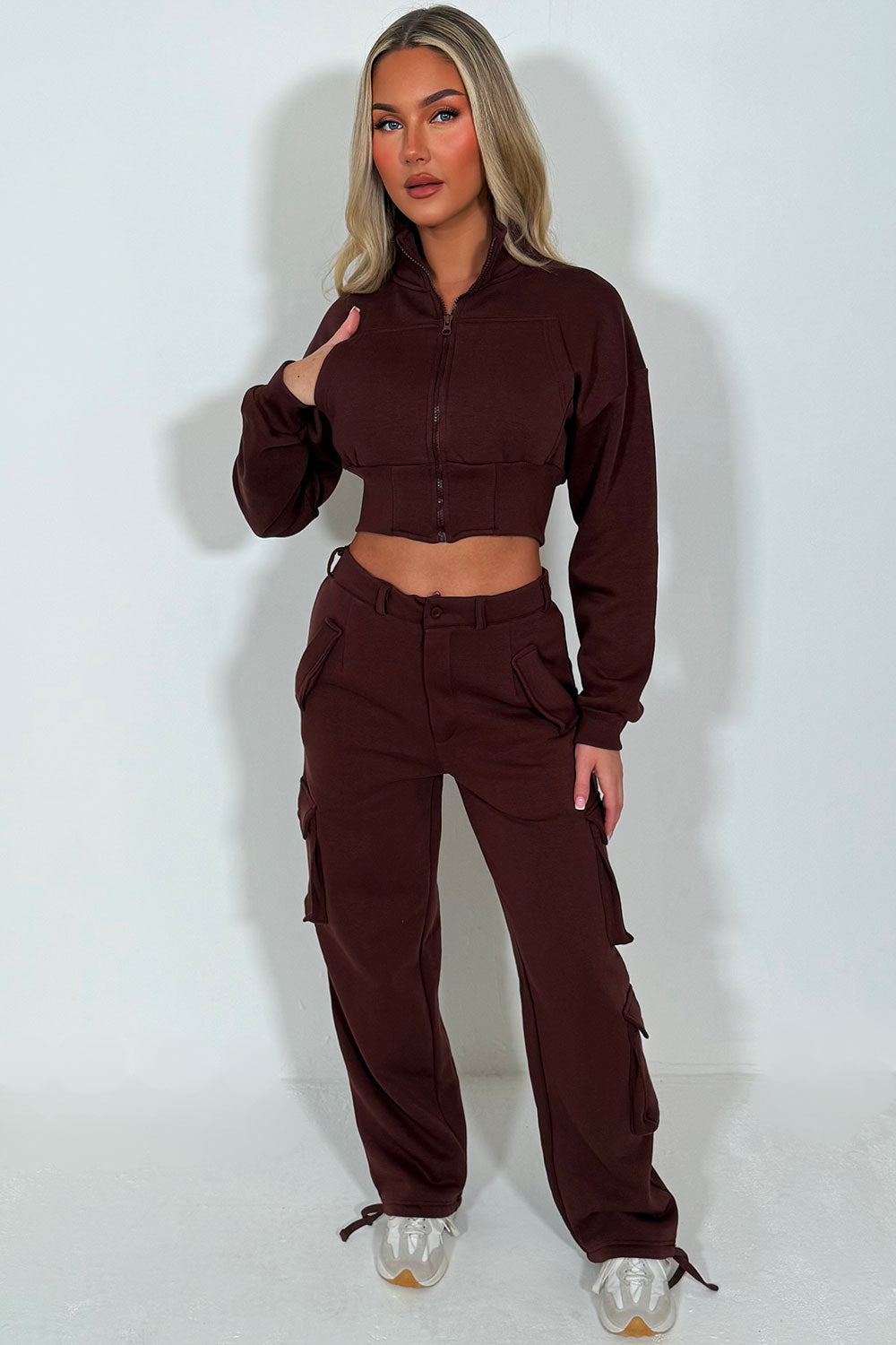 womens crop zip through sweatshirt and cargo joggers two piece co ord lounge set casual daily comfy outfit styledup