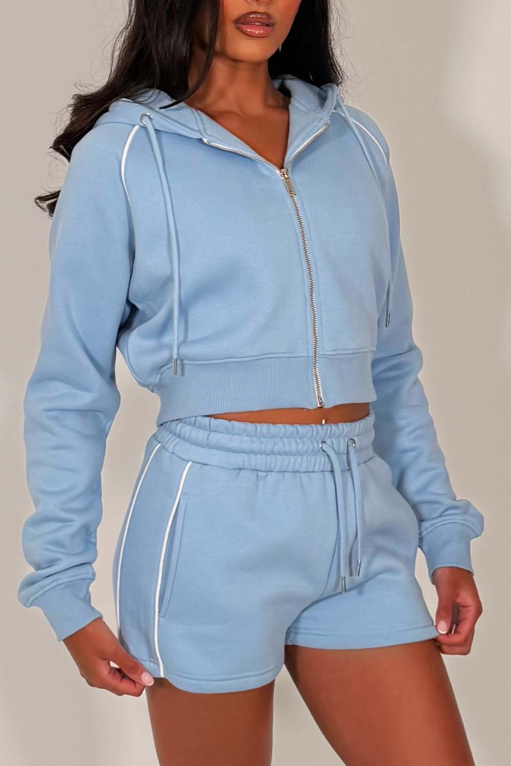 womens crop hoodie and shorts summer tracksuit co ord set holiday airport outfit styledup whitefox uk
