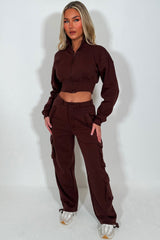 crop sweatshirt and cargo joggers co ord womens loungewear set travelling airport outfit styledup
