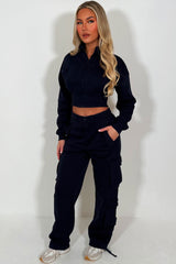 womens cargo joggers and zip through crop sweatshirt two piece loungewear co ord set styledup