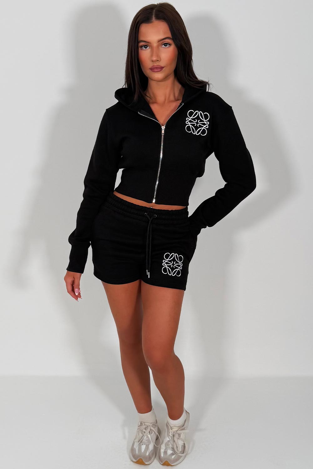crop hoodie with cinched waist and shorts tracksuit with embroidery detail two piece co ord set airport outfit womens uk