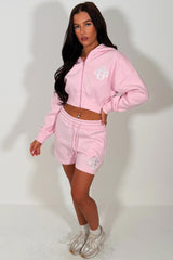 womens embroidery detail crop hoodie and shorts co ord set summer holiday tracksuit sale styledup uk