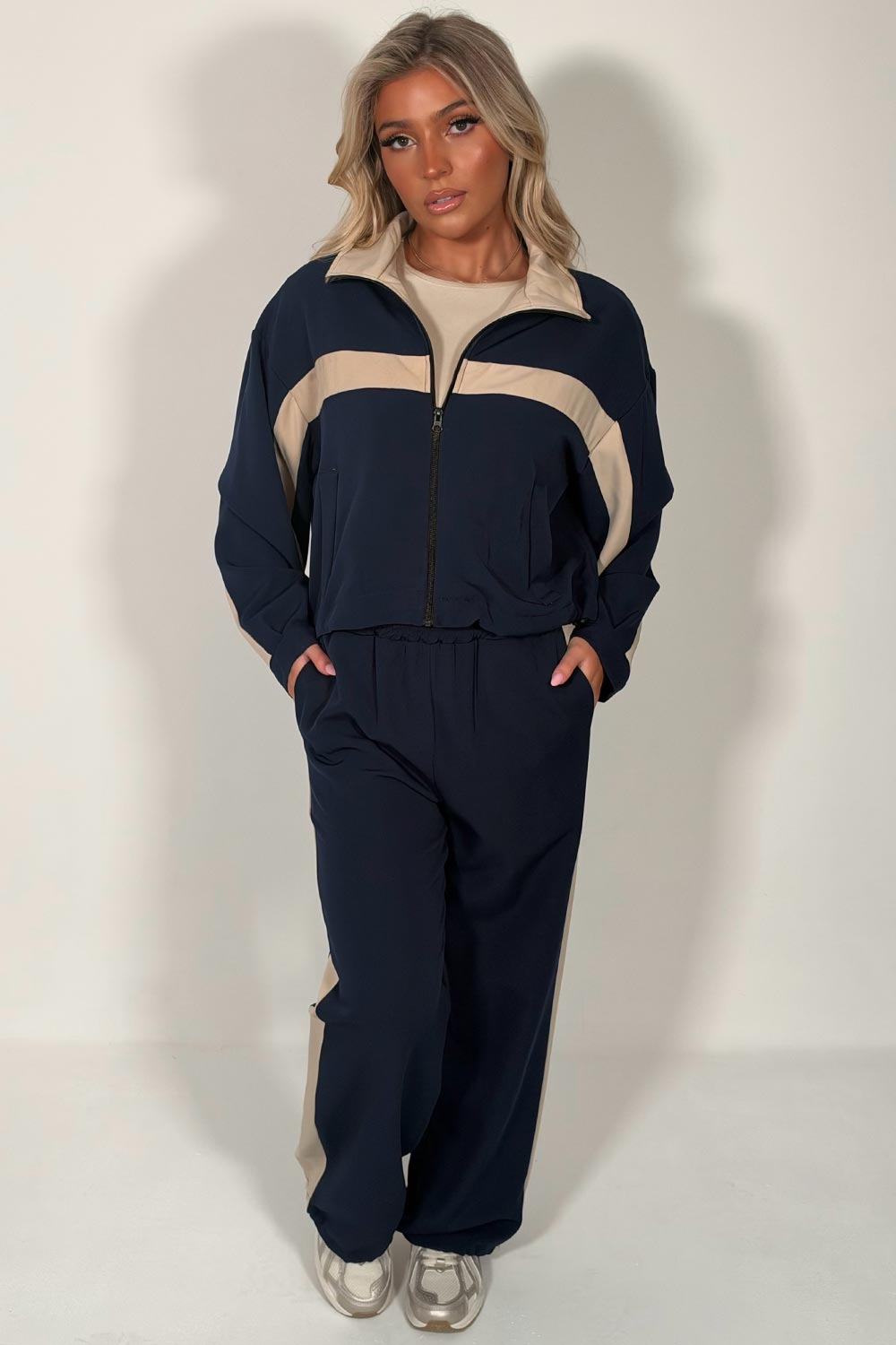 womens navy color block zip up funnel neck jacket and trousers loungewear two piece co ord tracksuit styledup uk