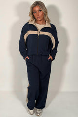 womens navy color block zip up funnel neck jacket and trousers loungewear two piece co ord tracksuit styledup uk
