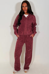 womens oversized burgundy zip hoodie and joggers tracksuit set with distressed cross detail loungewear everyday outfit 