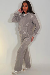 womens oversized brown zip hoodie and joggers tracksuit set with distressed cross detail loungewear everyday outfit 