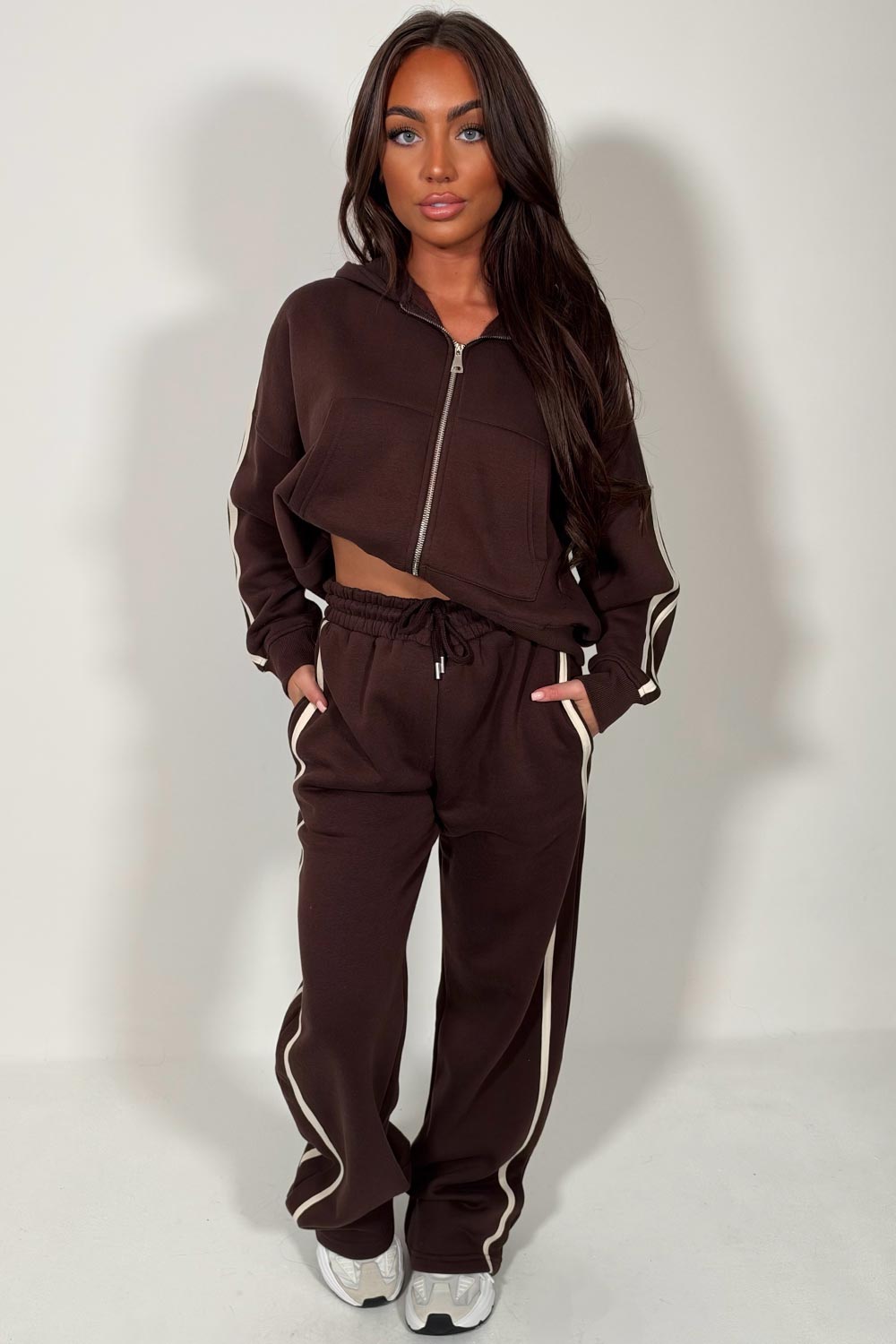 womens brown joggers and zip up hoodie everyday tracksuit set styledup fashion