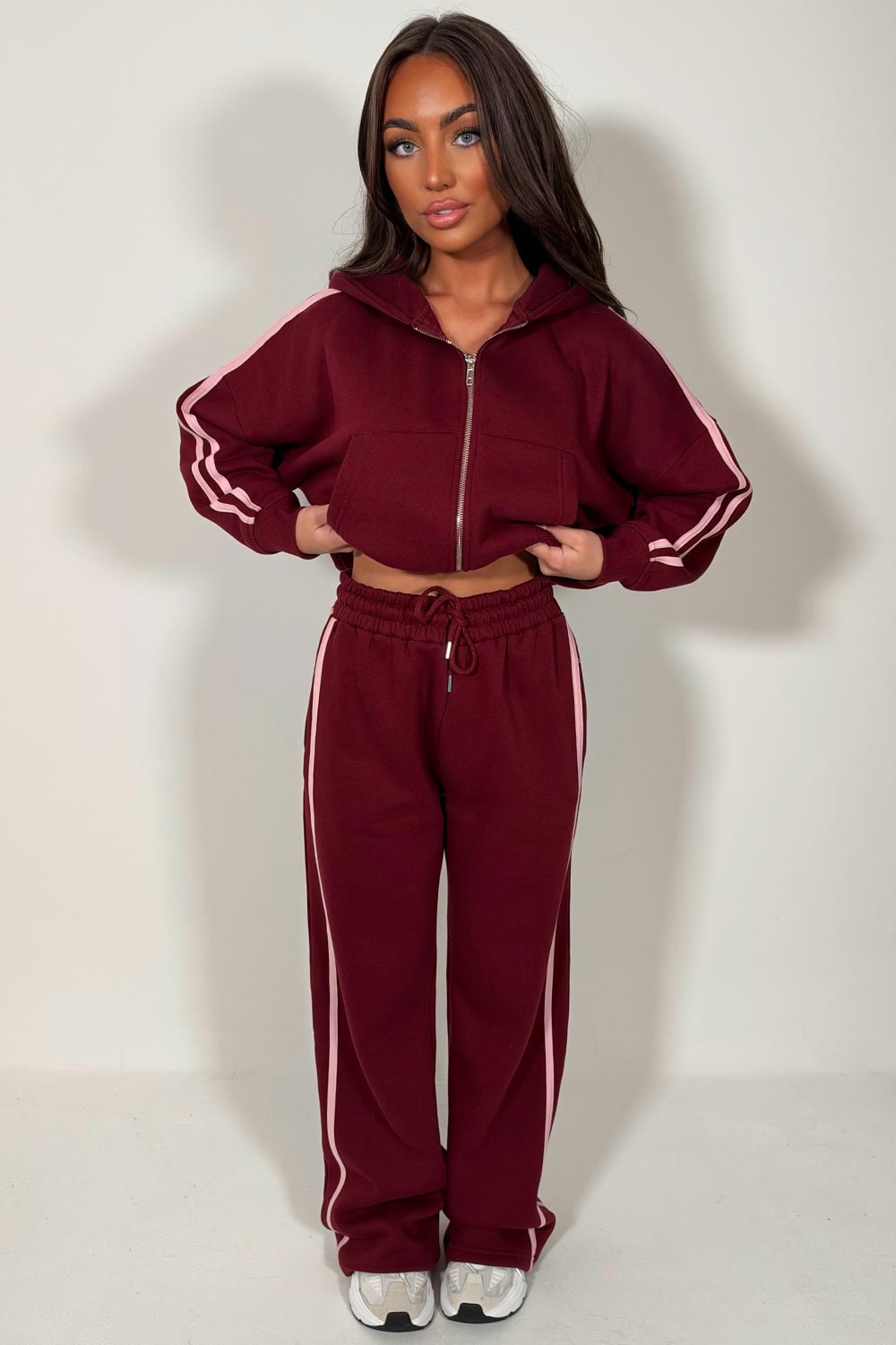 womens burgundy joggers and zip up hoodie everyday tracksuit set styledup fashion