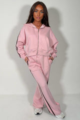 Pink Zip Up Hoodie & Joggers Tracksuit Co Ord Set With Side Stripes