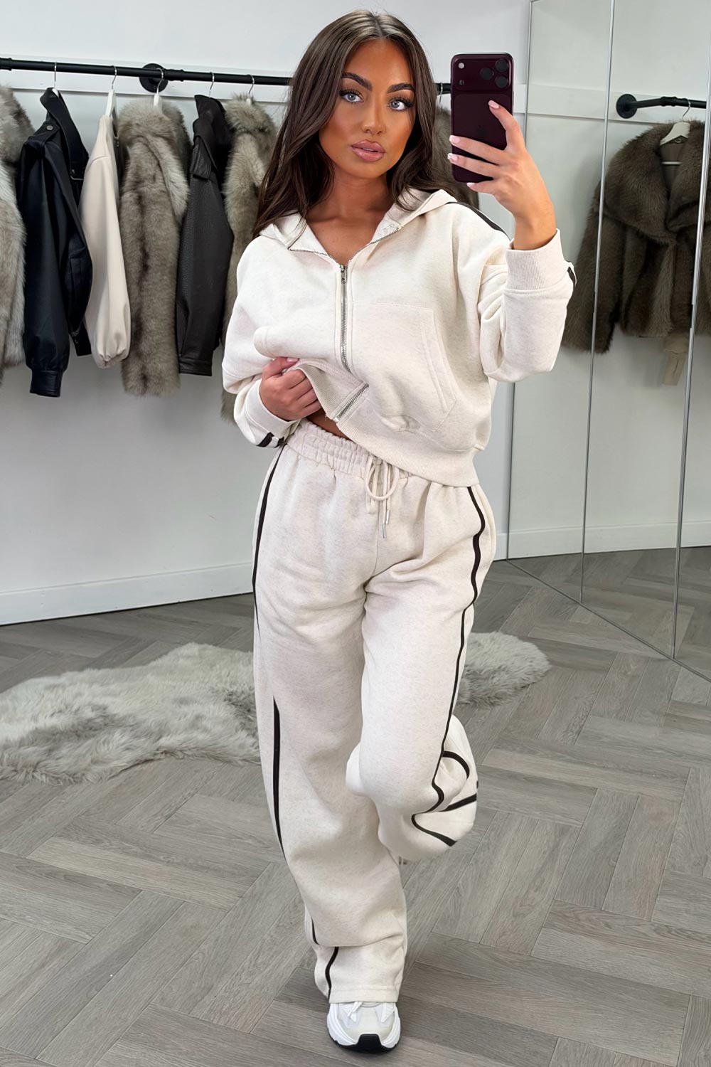 womens oat marl joggers and zip up hoodie tracksuit set two piece 