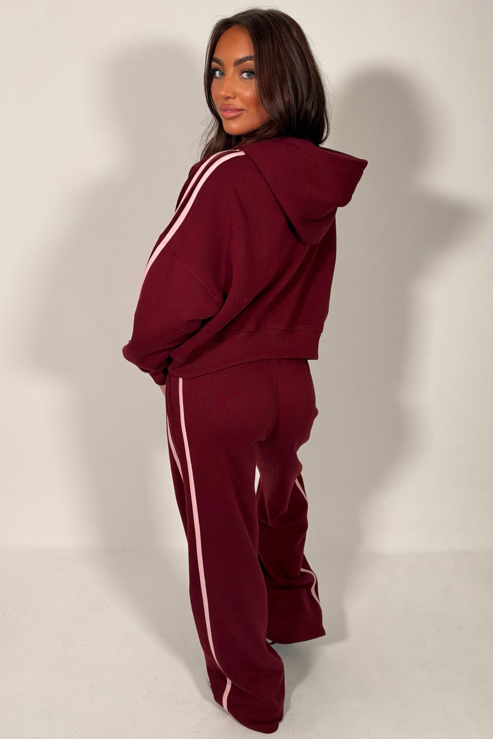 womens zip up hoodie and joggers casual loungewear burgundy co ord set airport outfit styledup