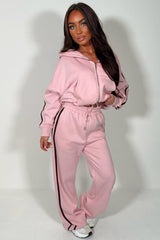 Pink Zip Up Hoodie & Joggers Tracksuit Co Ord Set With Side Stripes