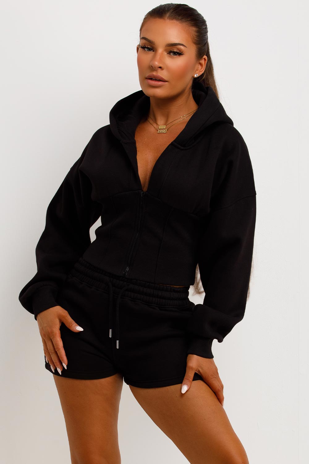 crop hoodie and shorts two piece co rod set styledup