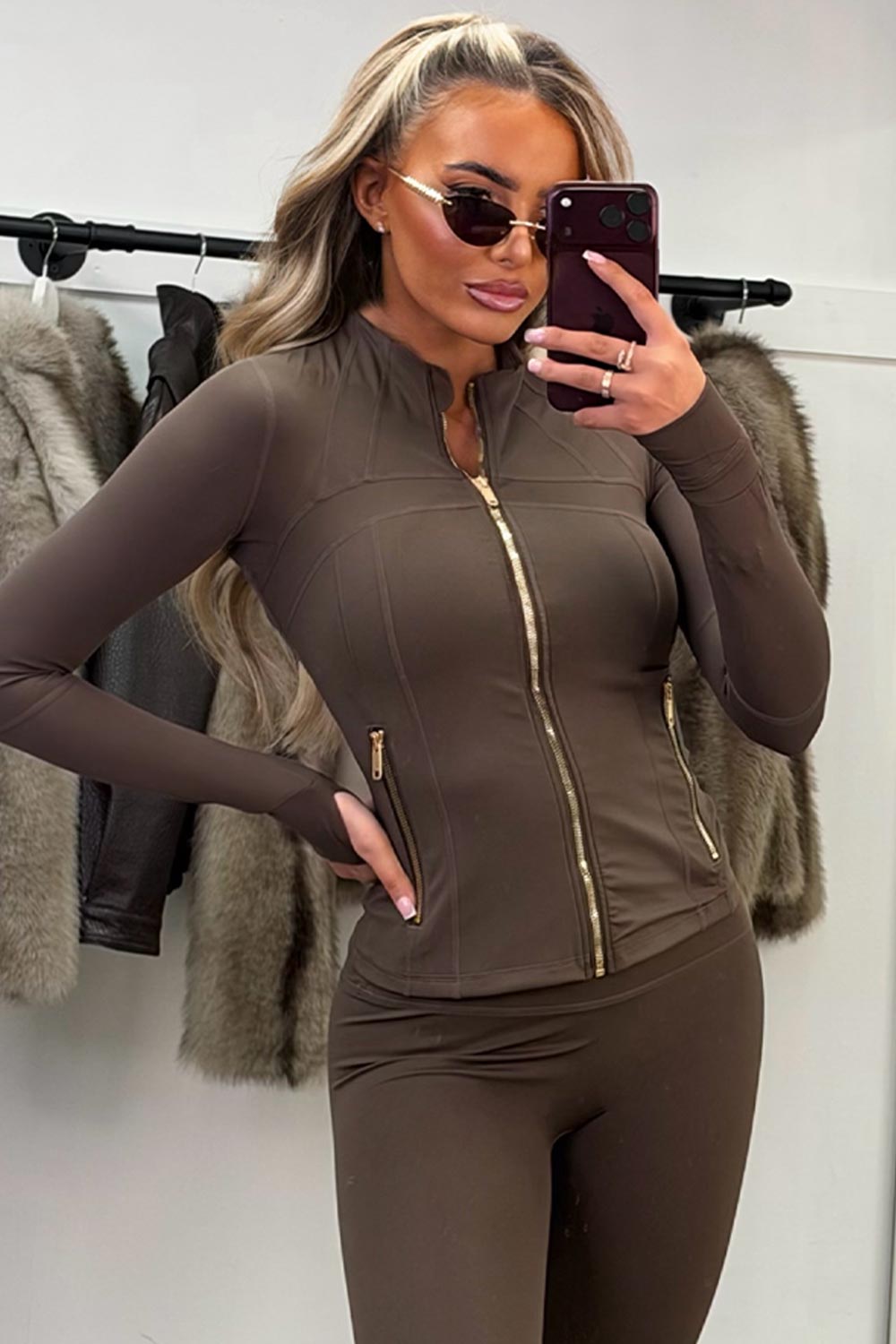 womens lululemon brown zip up jacket and leggings two piece co ord set activewear styledup uk