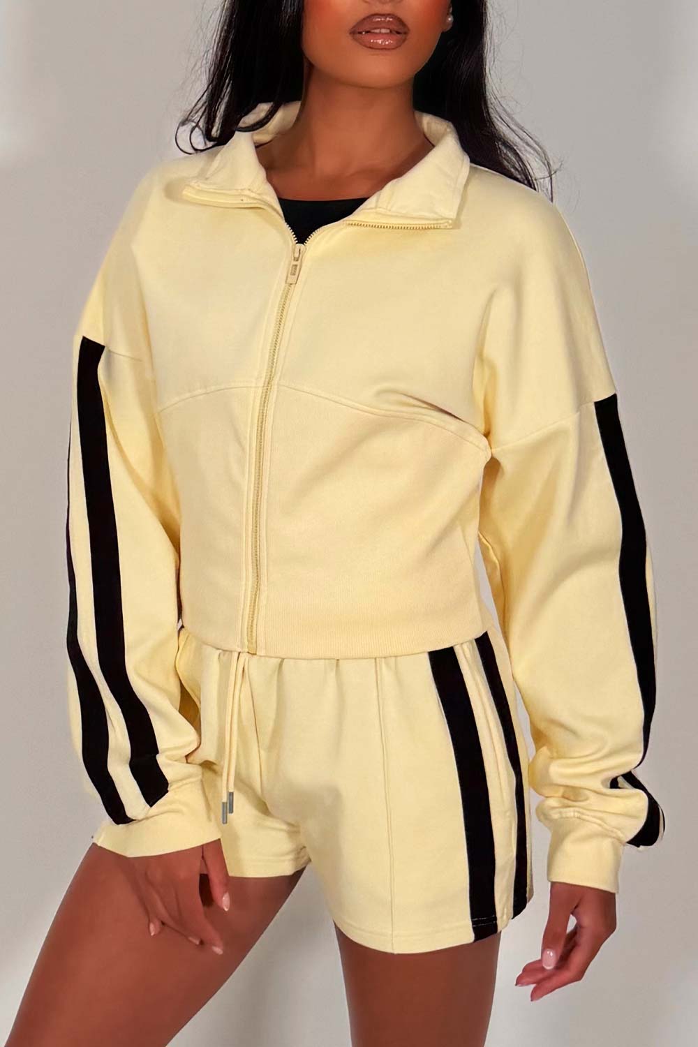 womens zip up sweatshirt and shorts two piece airport outfit styledup whitefox uk