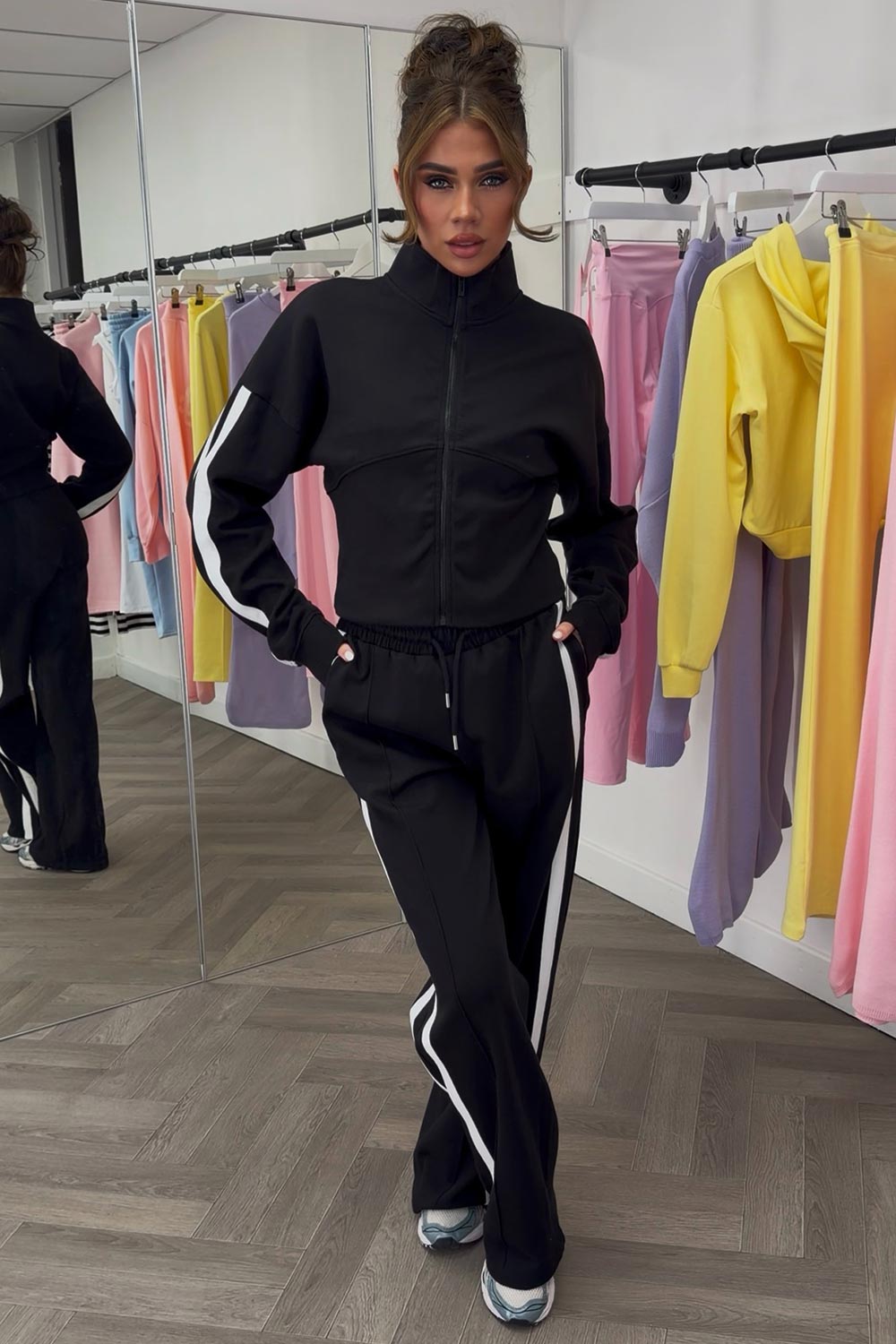 stripe joggers and zip up sweatshirt with ribbed hem tracksuit co ord set for womens black 