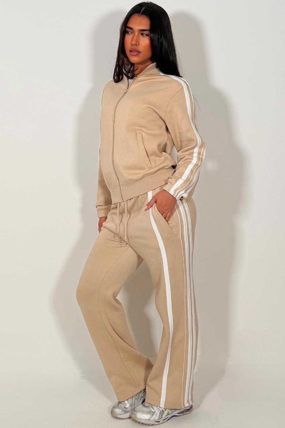 womens tracksuit with side stripes wide leg joggers and zip up sweatshirt oatmeal 