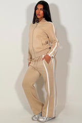 womens tracksuit with side stripes wide leg joggers and zip up sweatshirt oatmeal 