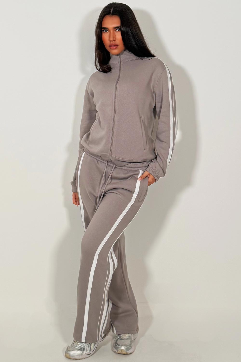 womens tracksuit with side stripes wide leg joggers and zip up sweatshirt black 