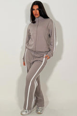 womens tracksuit with side stripes wide leg joggers and zip up sweatshirt black 