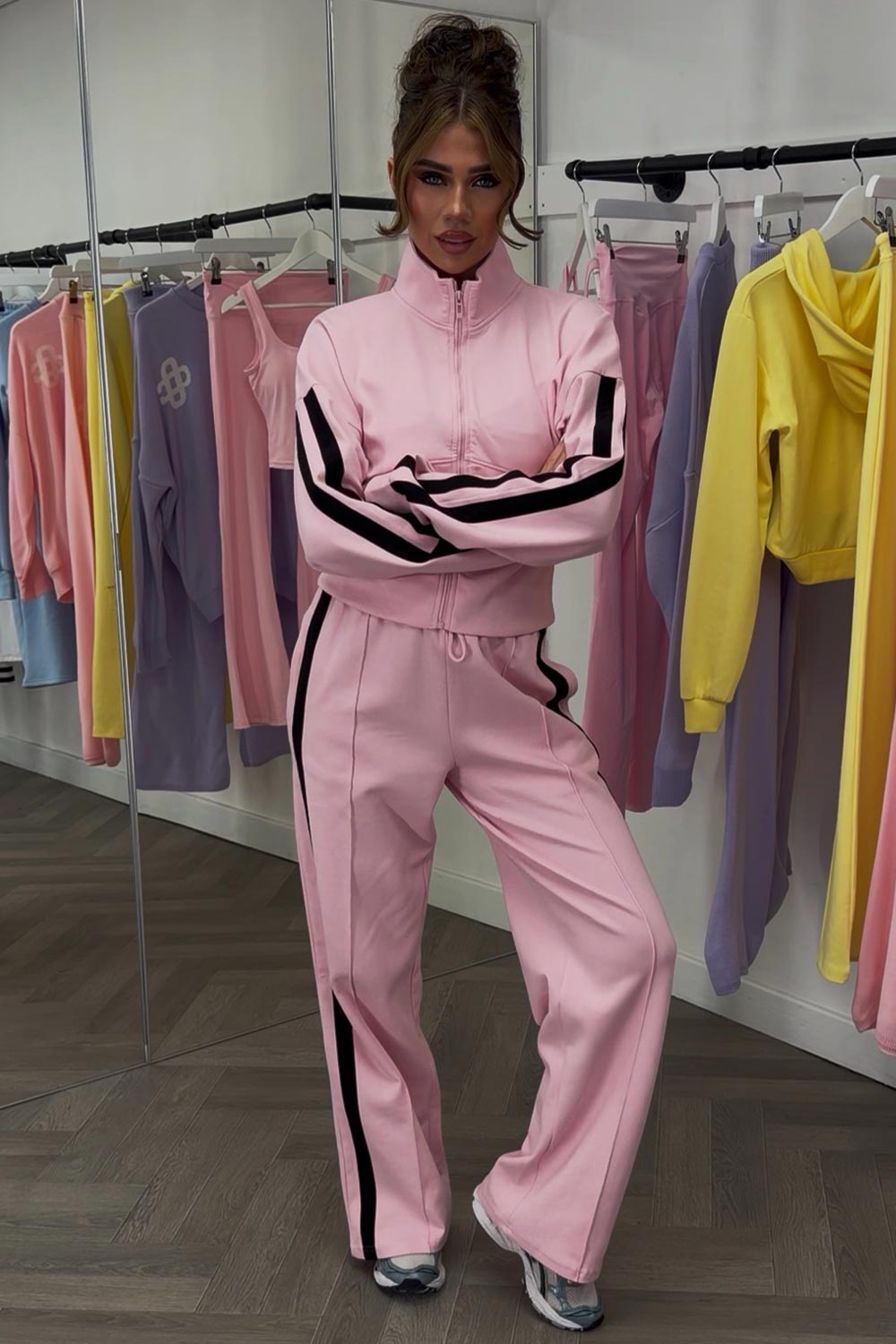 stripe joggers and zip up sweatshirt with ribbed hem tracksuit co ord set for womens pink