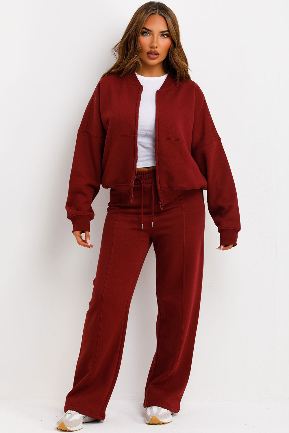 womens bomber sweatshirt with zip and straight leg joggers tracksuit set loungewear co ord