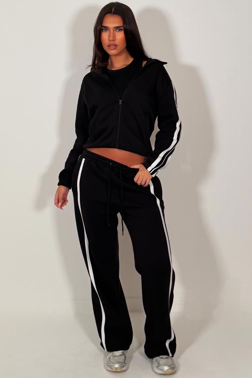 womens zip up sweatshirt and wide leg joggers tracksuit lounge set with side stripes black 