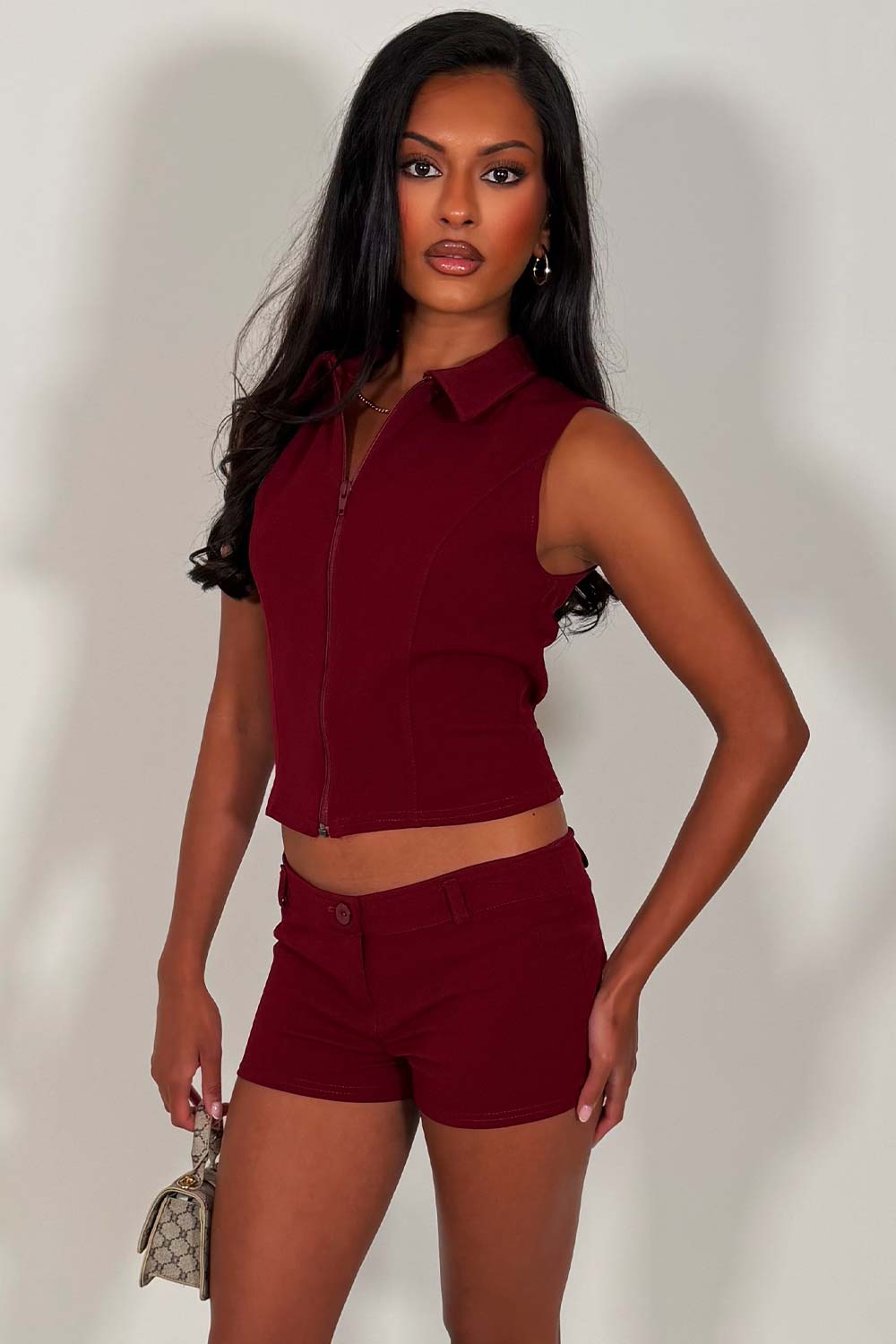 womens micro shorts and sleeveless crop top with collar two piece summer holiday festival outfit styledup whitefox uk