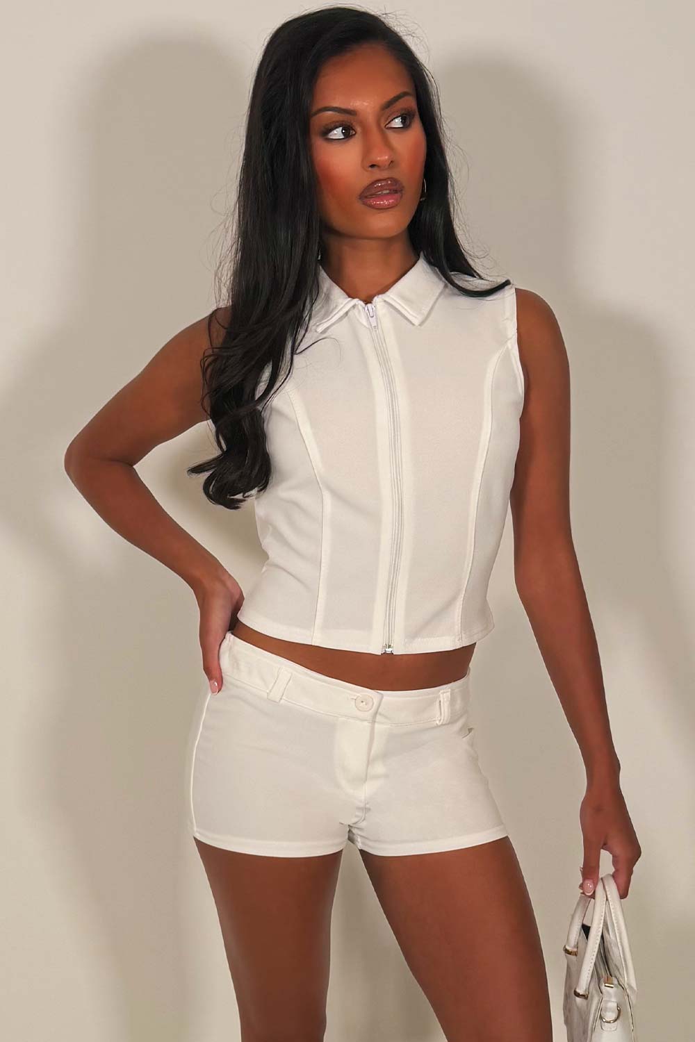womens micro shorts and sleeveless crop top with collar two piece summer holiday festival outfit styledup whitefox uk