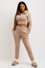 womens zip front crop hoodie and joggers tracksuit co ord set tiktok