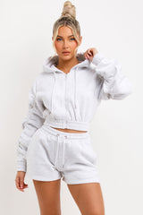 womens runner shorts and crop zip hoodie with ruched sleeves two piece tracksuit set for summer