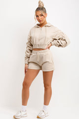 crop zip hoodie with ruched sleeves and shorts tracksuit set