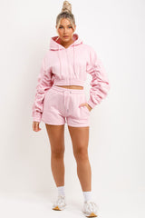 womens runner shorts and crop zip hoodie with ruched sleeves tracksuit set