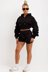 ruched sleeve crop zip hoodie and short tracksuit summer lounge set womens airport outfit