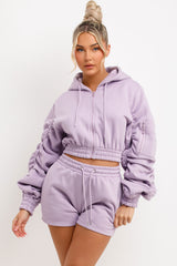 crop zip hoodie with ruched sleeves and shorts tracksuit womens summer lounge set