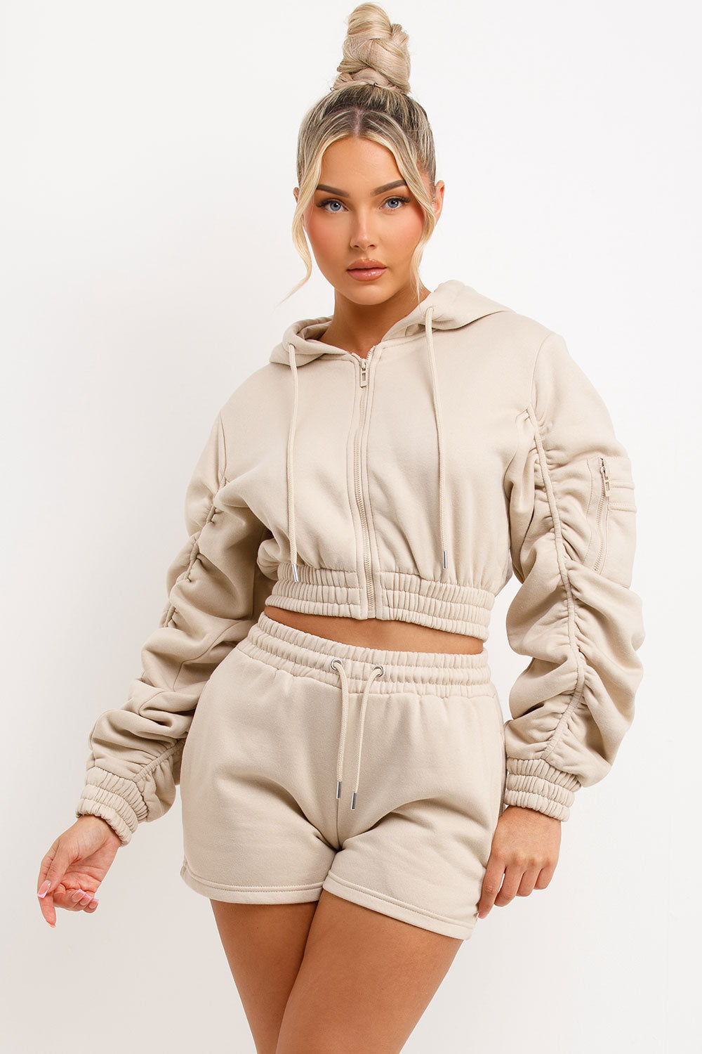 oatmeal crop zip hoodie with ruched sleeves and shorts tracksuit womens summer lounge set