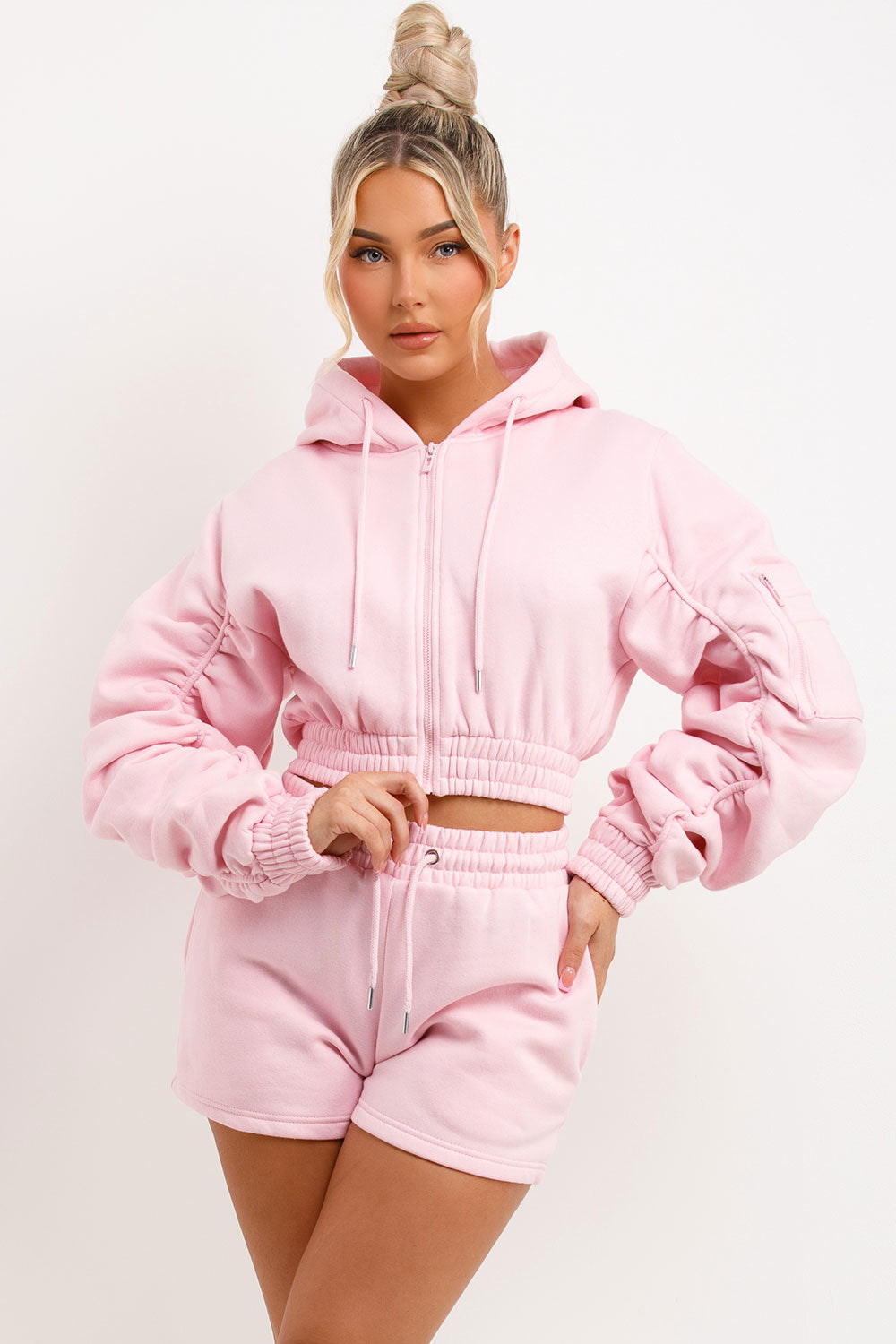 crop zip hoodie and shorts tracksuit set