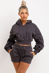 ruched crop zip hoodie and short tracksuit summer lounge set for womens