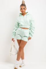 ruched sleeve crop zip hoodie and shorts tracksuit set womens