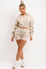 ruched sleeve crop zip hoodie and shorts tracksuit set womens