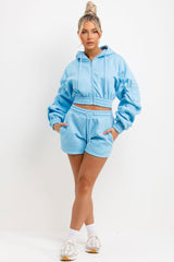 womens runner shorts and crop zip hoodie with ruched sleeves two piece tracksuit set for summer