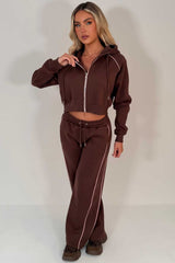 womens brown joggers and crop hoodie tracksuit set two piece 