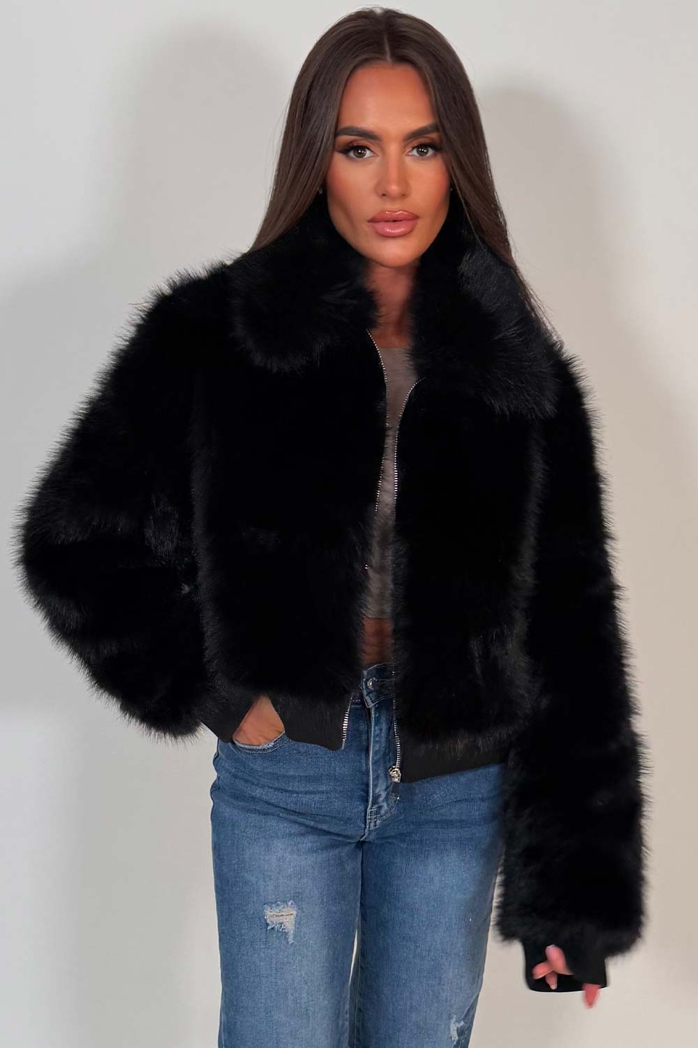 black faux fur jacket zara womens uk