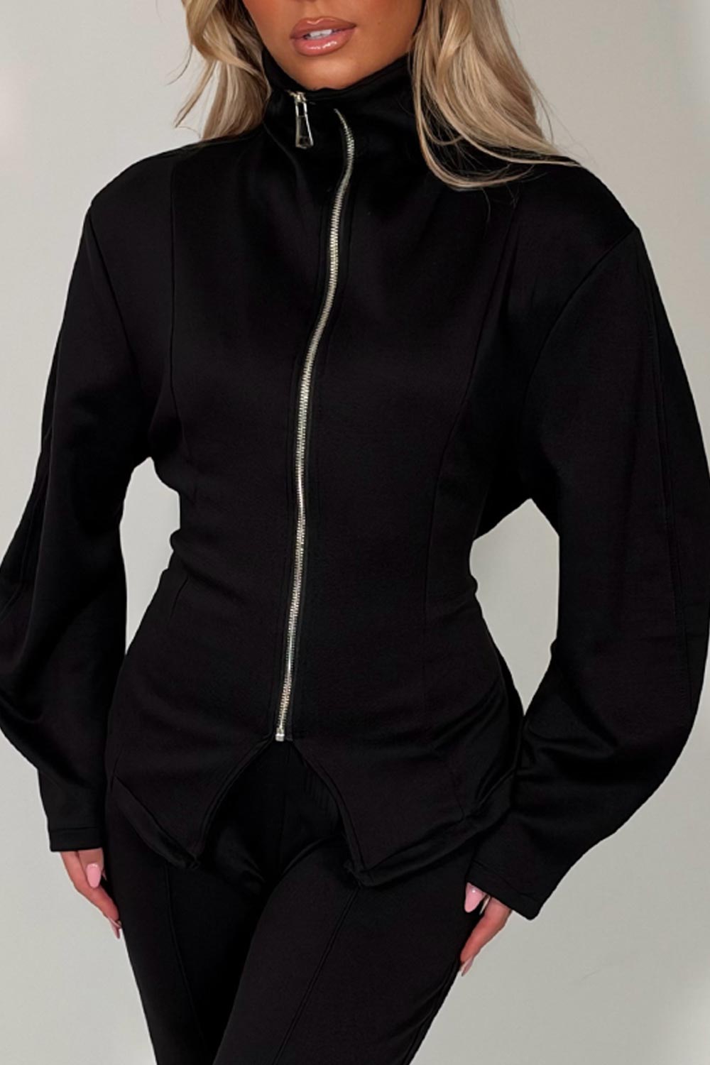 womens zip up tie back long sleeve top and trousers two piece co ord set styledup uk