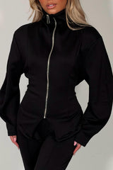 womens zip up tie back long sleeve top and trousers two piece co ord set styledup uk